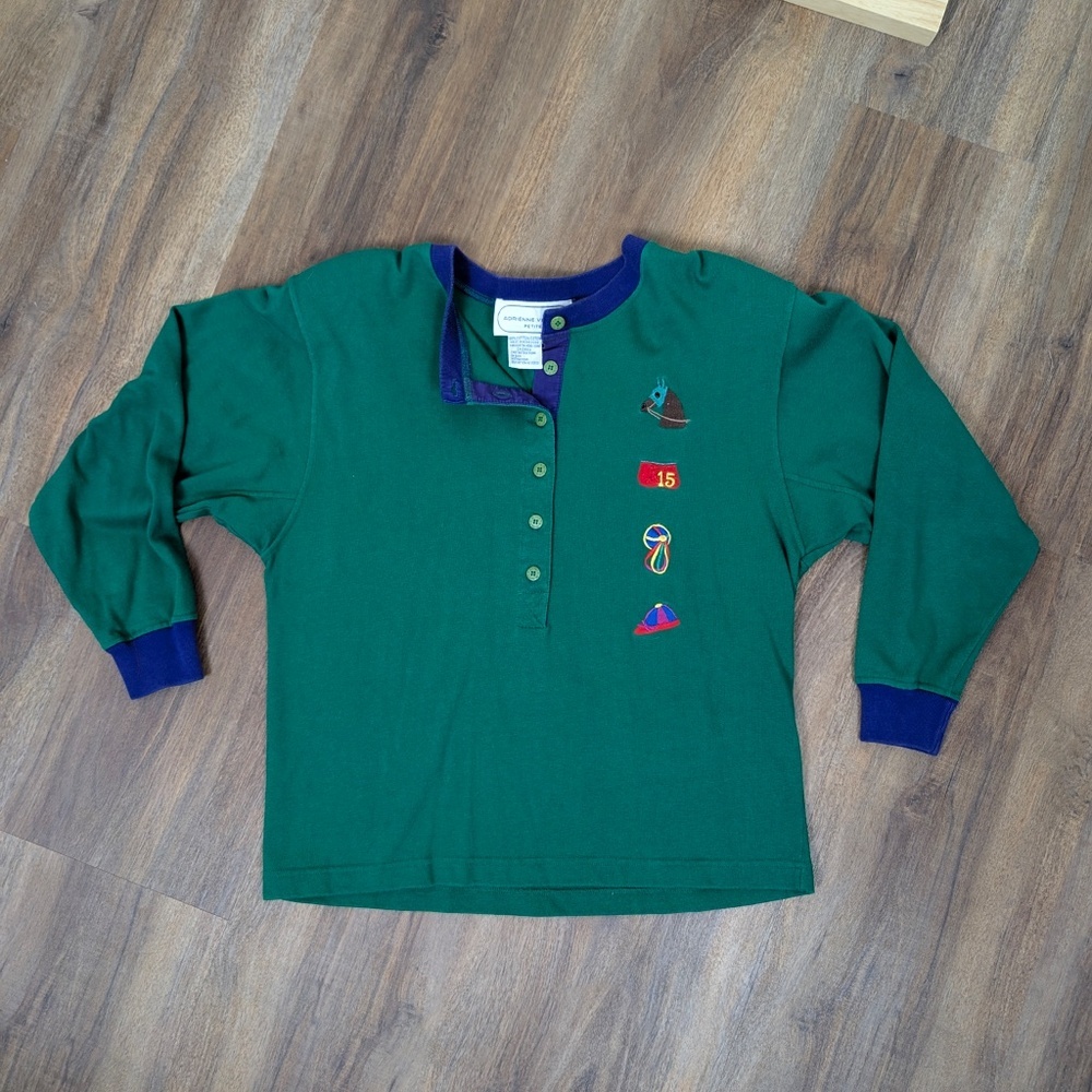 80s Adrienne Vittadini 3/4 Sleeve Pony Shirt Equestrian Embroidered Crest Button - Picture 6 of 9